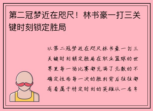 第二冠梦近在咫尺！林书豪一打三关键时刻锁定胜局